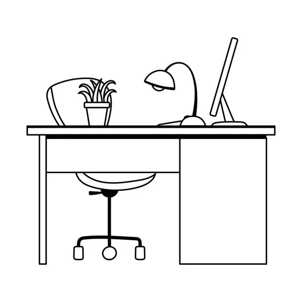 Γραφείο εργασίας γραφείο λαμπτήρα καρέκλα υπολογιστή και μονάδα απομονωμένο σχεδιασμό λευκό φόντο στυλ γραμμής — Διανυσματικό Αρχείο