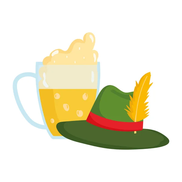 Φεστιβάλ oktoberfest, μπύρα και καπέλο με φτερά, γιορτή germany παραδοσιακά — Διανυσματικό Αρχείο