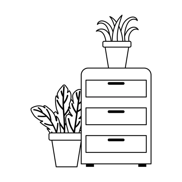 Gabinete de oficina con plantas en maceta decoración diseño aislado fondo blanco estilo de línea — Vector de stock