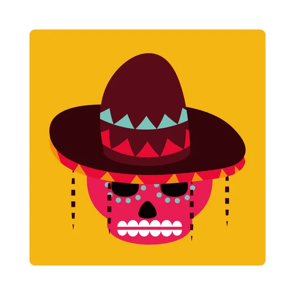 Dag van de doden, suiker schedel bloemen en hoed decoratie, mexicaanse viering icoon blok en plat — Stockvector