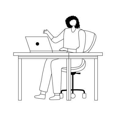 Masada dizüstü bilgisayar kullanan bir kadın izole edilmiş beyaz arkaplan çizgisi tarzında çalışıyor