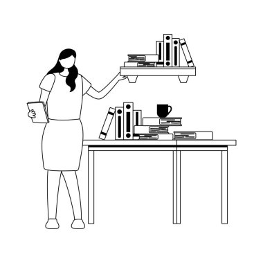 Dizin rafı ve kitaplarla dolu masa ve kadın çalışanı izole edilmiş tasarım beyaz arkaplan biçimi