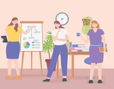 Birlikte çalışma, ofis çalışanları masa başı sunumu ve saati olan kadın karakterler
