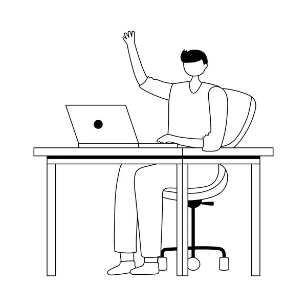 Jonge man met behulp van laptop op bureau geïsoleerd ontwerp witte achtergrond lijn stijl — Stockvector