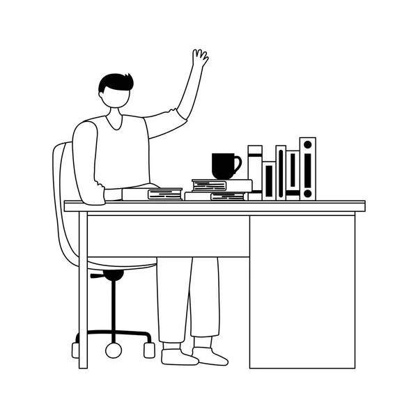 Man werken aan bureau met boeken en koffiekop geïsoleerd ontwerp witte achtergrond lijn stijl — Stockvector