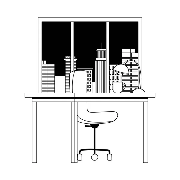 Espacio de trabajo oficina escritorio lámpara silla y ventana aislado diseño blanco fondo línea estilo — Vector de stock