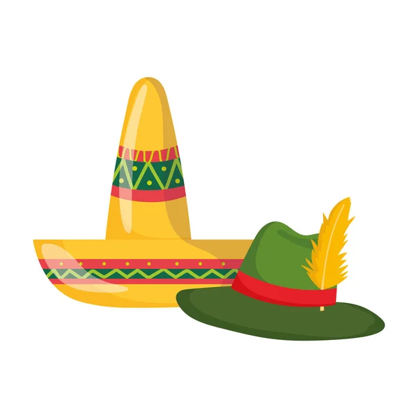 Sombreros mexicanos y alemanes cultura tradicional sobre fondo blanco — Vector de stock