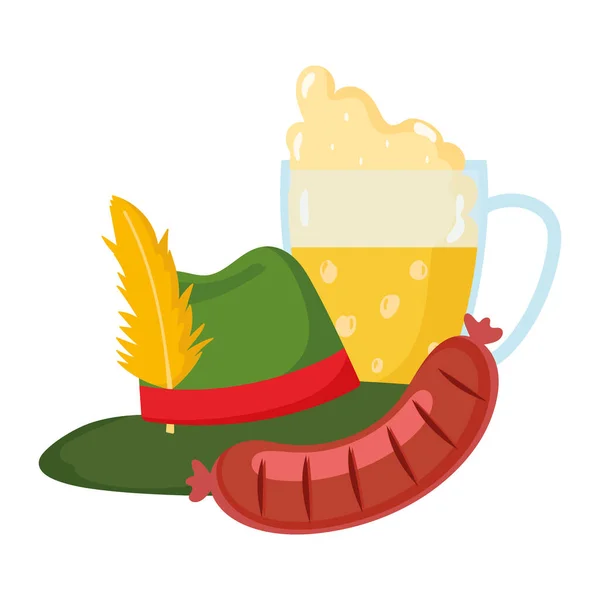 Festival oktoberfest, birra salsiccia con schiuma e cappello, celebrazione tradizionale germania — Vettoriale Stock