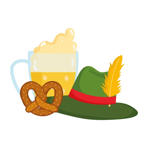 Oktoberfest festival, beer with foam hat and pretzel, celebration germany traditional — Stock Vector