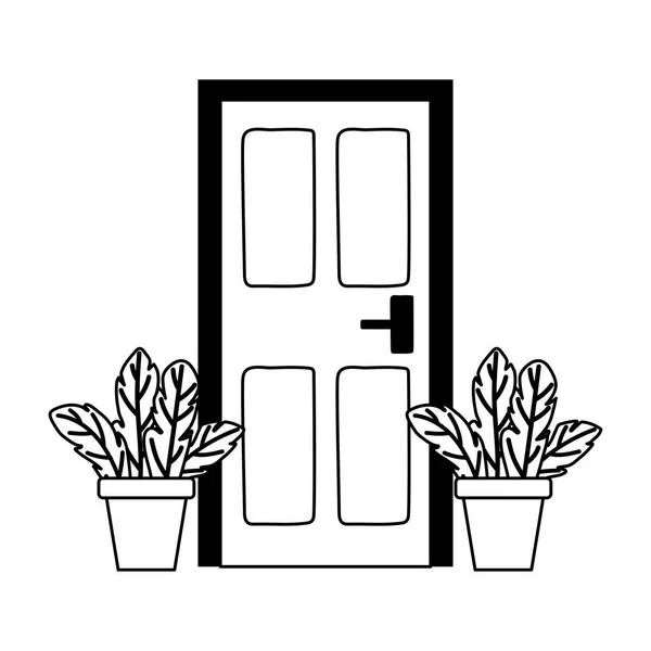 Maison porte et plantes en pot conception isolée fond blanc style ligne — Image vectorielle