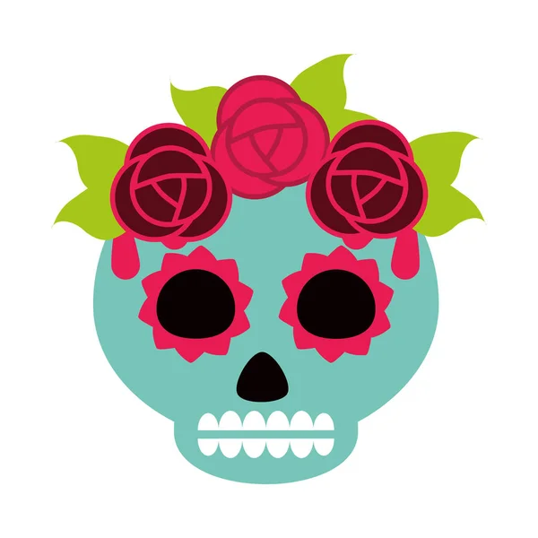 День мертвых, зеленый череп сахара с цветами и листьями украшения, мексиканский праздник икона плоский стиль — стоковый вектор