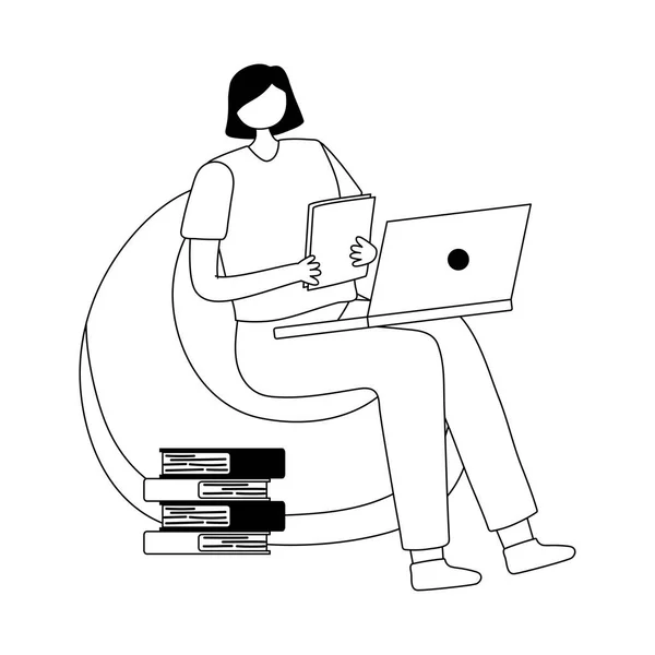 Donna seduta con computer portatile e libri di lavoro isolato design bianco sfondo linea stile — Vettoriale Stock