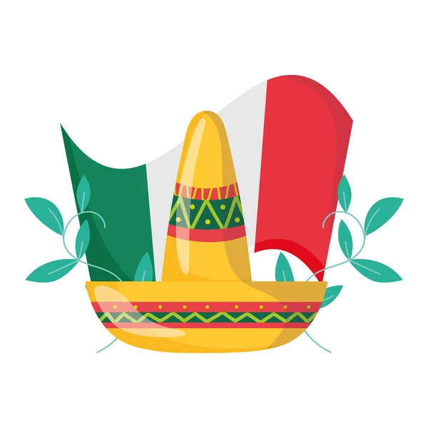 Giorno dell'indipendenza messicana, cappello e bandiera decorazione floreale, celebrato il settembre — Vettoriale Stock