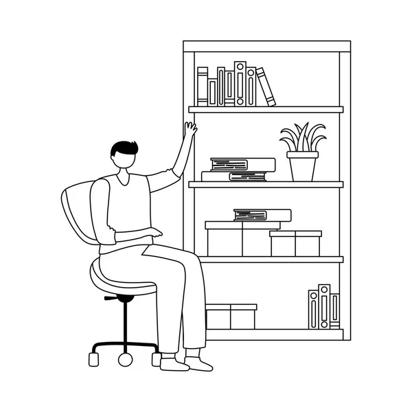 Man in office with bookshelf books and workspace white background line style — Stock Vector