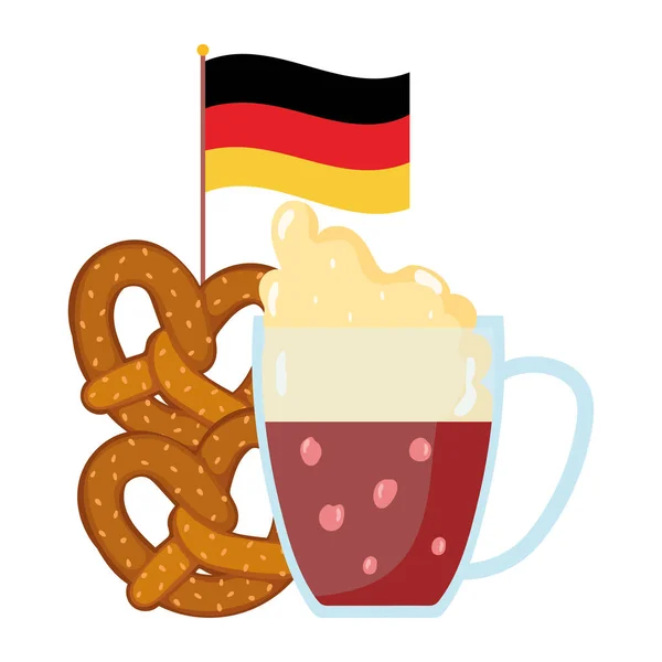 Oktoberfest, Bierbrezeln und Fahne, Feier Deutschland traditionell — Stockvektor
