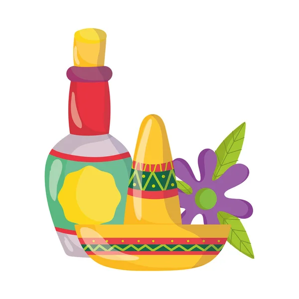 Dia da independência mexicana, garrafa de tequila bebida chapéu e flor, viva mexico é comemorado em setembro —  Vetores de Stock