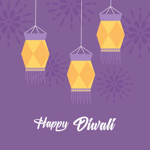 Happy diwali festival, hanging traditional lamps decoration mandalas purple background, vector design — Stock Vector