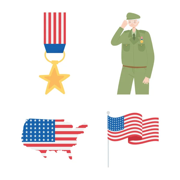 Dia de veteranos felizes, mapa soldado medalha e ícones da bandeira americana — Vetor de Stock