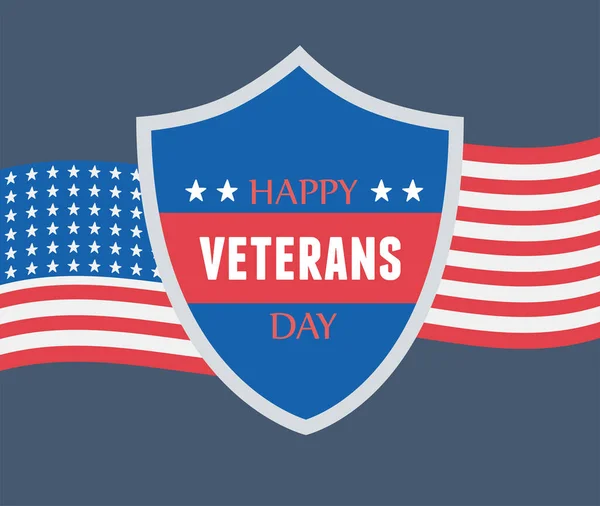 Dia dos veteranos felizes, soldado das forças armadas militares dos EUA, letras do escudo e bandeira americana — Vetor de Stock