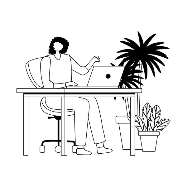Jonge vrouw werken aan bureau met laptop in kantoor ruimte lijn stijl — Stockvector