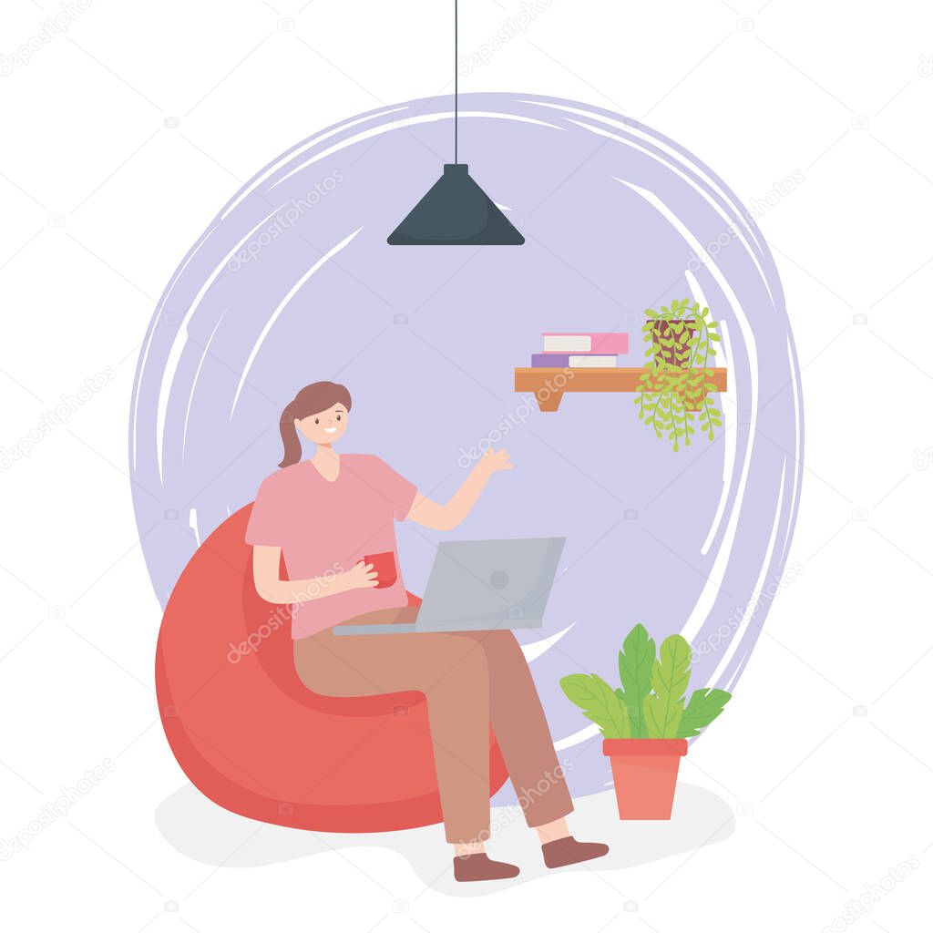 working woman in chair with laptop and coffee cup office space