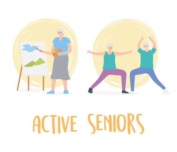Actividad personas mayores, personas mayores que practican ejercicios y actividades de hobby — Vector de stock