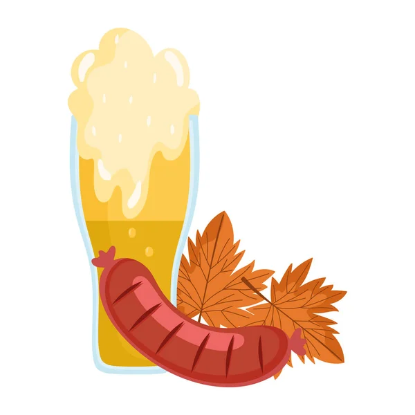 Festa oktoberfest, salsiccia e foglia di birra autunno, festa tradizionale germania — Vettoriale Stock