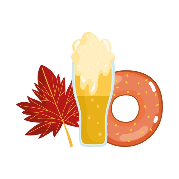 Oktoberfest festival, beer donut and maple leaf, celebration germany traditional — Stock Vector