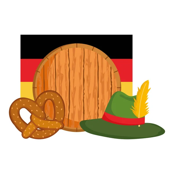 Oktoberfest festival, barrel hat flag and pretzel, celebration germany traditional — Stock Vector