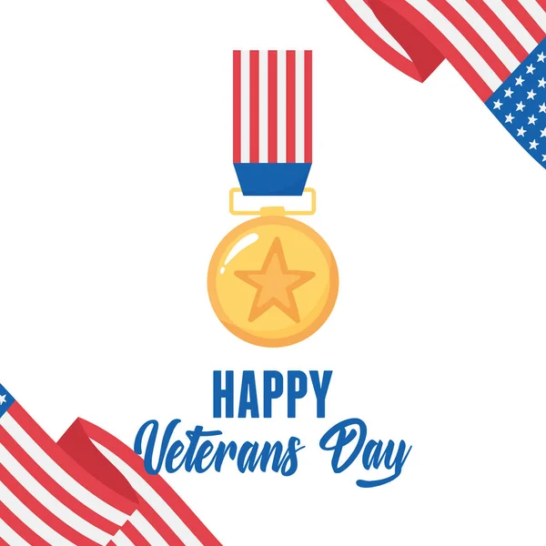 Dia de veteranos felizes, medalha de ouro bandeira americana, soldado das forças armadas militares dos EUA — Vetor de Stock