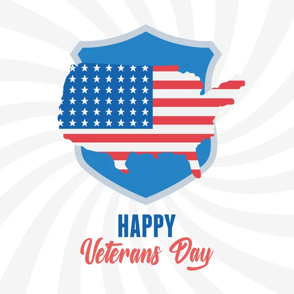 Dia de veteranos felizes, bandeira americana no emblema do mapa, soldado das forças armadas militares dos EUA — Vetor de Stock