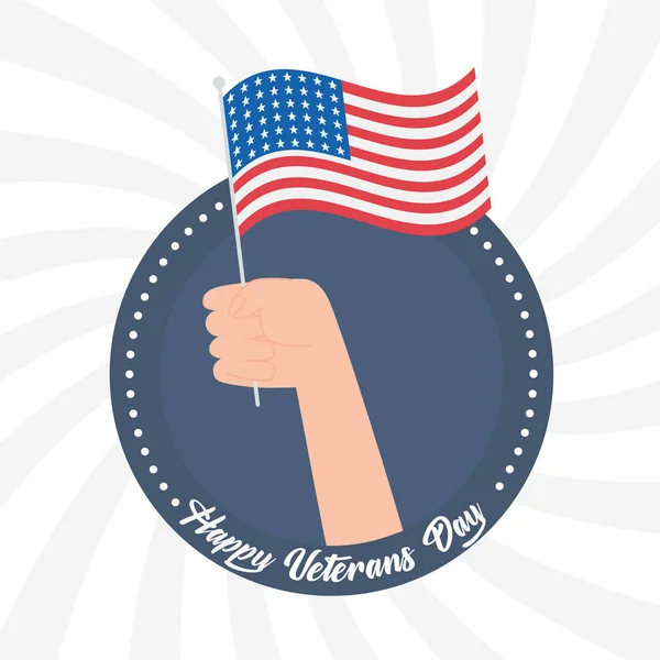 Dia de veteranos felizes, mão segurando bandeira americana, soldado das forças armadas militares dos EUA — Vetor de Stock