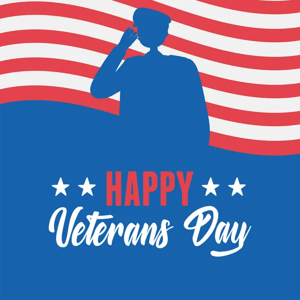 Dia de veteranos felizes, EUA Forças Armadas militares soldado silhueta bandeira americana — Vetor de Stock