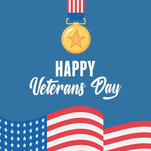 Feliz día de los veteranos, medalla de la bandera estrella símbolo americano, soldado de las fuerzas armadas estadounidenses — Vector de stock