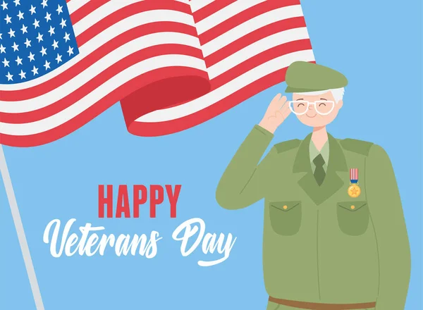 Dia de veteranos felizes, militar das forças armadas dos EUA personagem soldado e acenando bandeira americana — Vetor de Stock