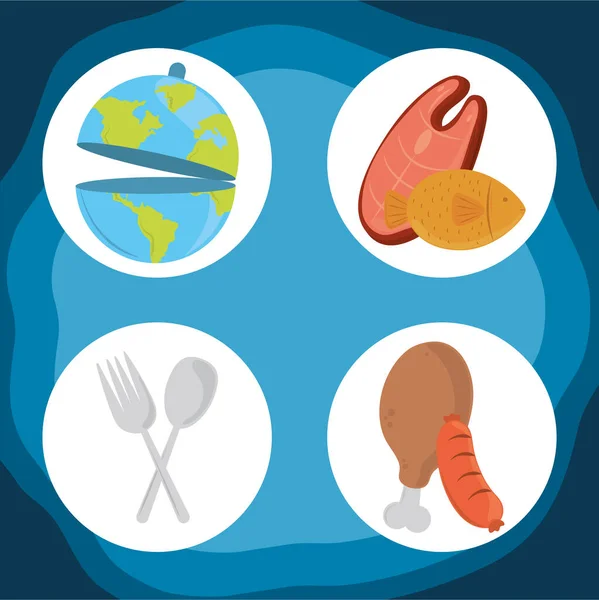 Giornata mondiale del cibo, stile di vita sano carne pollo salsiccia forchetta cucchiaio icone — Vettoriale Stock
