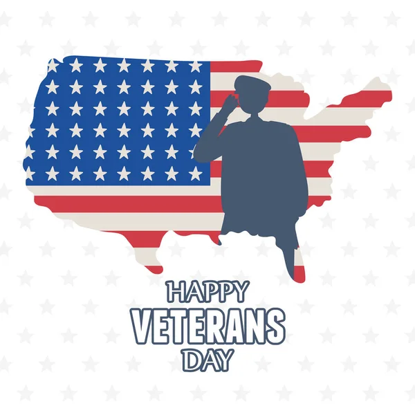 Dia dos veteranos felizes, silhueta militar das forças armadas dos EUA no mapa americano com bandeira — Vetor de Stock