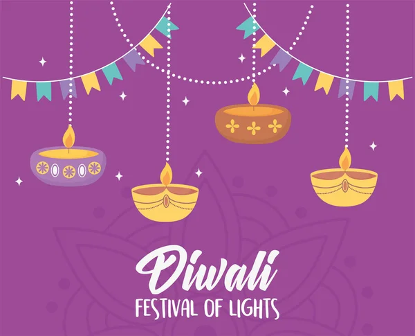 Mutlu diwali festivali, asılan diya lambaları mumlar geleneksel dekorasyon, vektör tasarımı — Stok Vektör