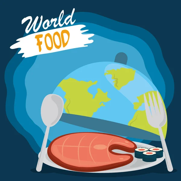 Journée mondiale de la nourriture, mode de vie sain repas sushi et viande dans la planète plat — Image vectorielle