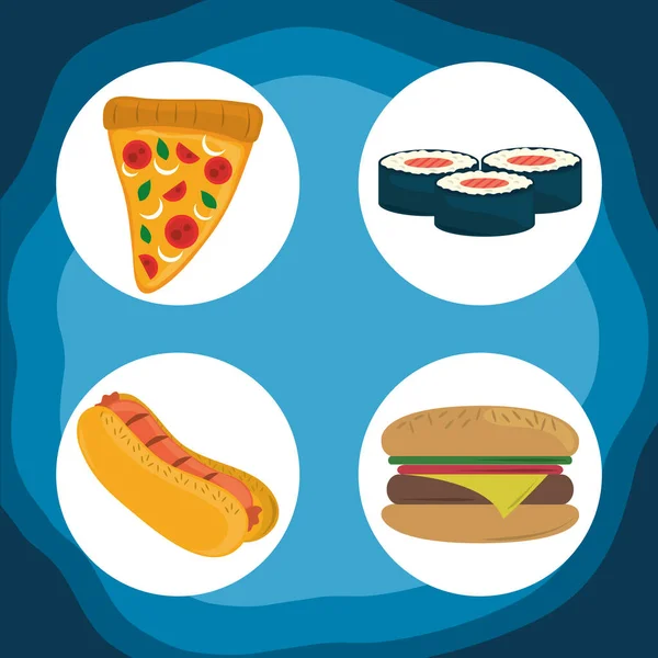 World food day, healthy lifestyle hot dog burger sushi and pizza icons — Stock Vector