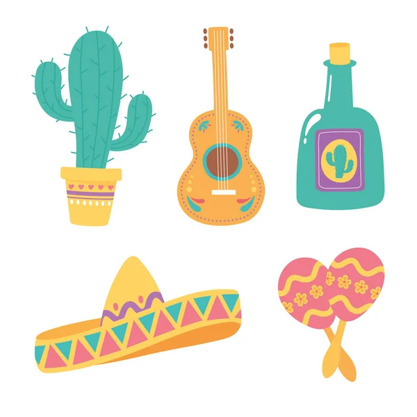Jour des morts, chapeau de tequila de cactus de guitare et maracas, célébration mexicaine — Image vectorielle