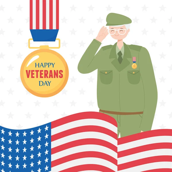 Dia de veteranos felizes, medalha de soldado das forças armadas militares dos EUA e bandeira americana — Vetor de Stock