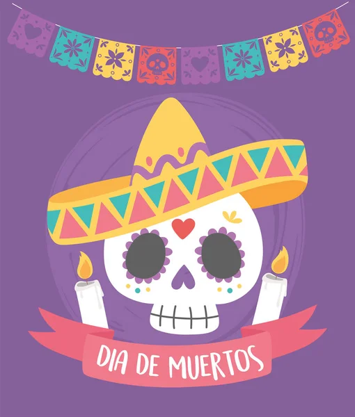 죽은 자들의 날 모자 양초와 설탕 해골 인사 카드 멕시코 축하 — 스톡 벡터