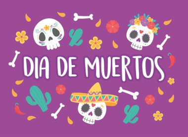 Ölüm günü, Meksika kutlaması şeker kafatası, çiçek kaktüs ve kemik arkaplan