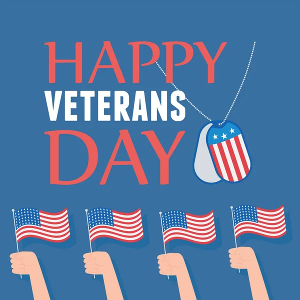 Dia de veteranos felizes, mãos com bandeira americana símbolo nacional, soldado das forças armadas militares dos EUA — Vetor de Stock