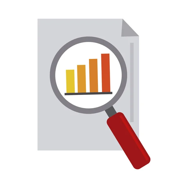 Análise de dados, documento gráfico de informações economia lupa ícone plano —  Vetores de Stock