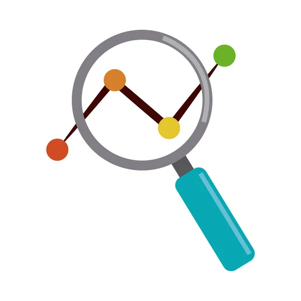 Análisis de datos, lupa punteada gráfico de línea de marketing icono plano — Vector de stock