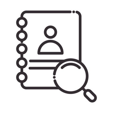 Arama simgesi, adres defteri kişi büyüteci ince çizgi simgesi