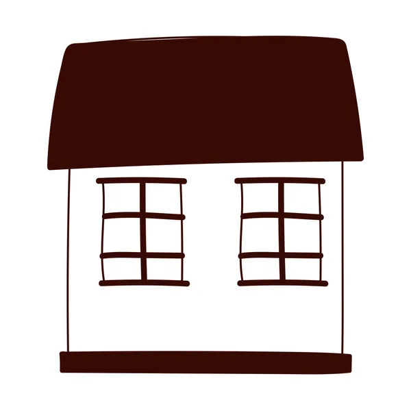 Cottage cartone animato due finestre facciata isolato disegno bianco sfondo linea stile — Vettoriale Stock