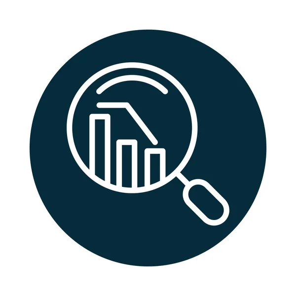 Icono de búsqueda, diagrama de disminución informe financiero lupa bloque e icono de línea — Vector de stock